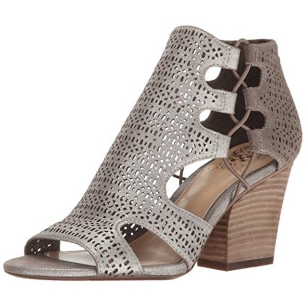 Vince Camuto Lasercut Silver Stacked Heel Sandal - Picture 1 of 9